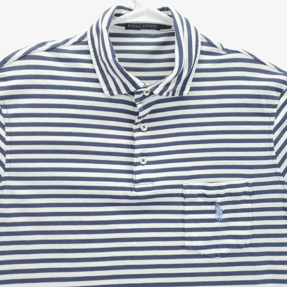 Polo Ralph Lauren Polo Shirt Mens Medium Blue White Cotton Striped Short Sleeve